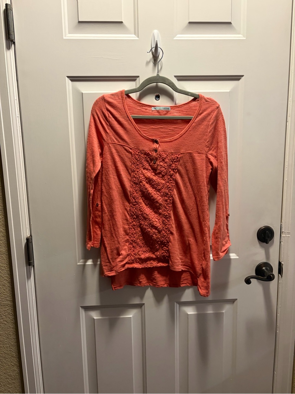 Maurices Coral Lace-Front Long Sleeve Scoop Top